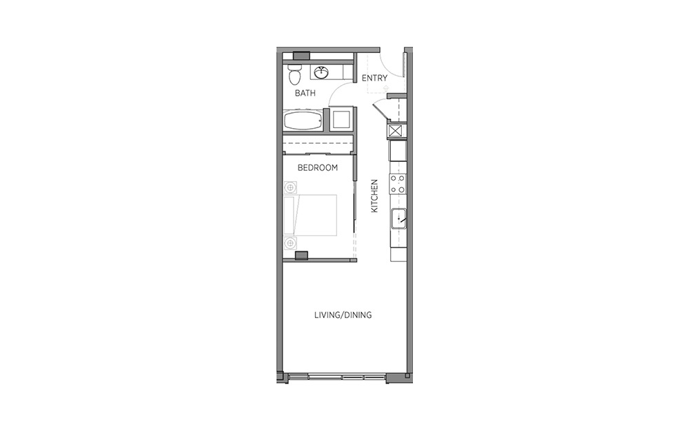 1Q - 1 bedroom floorplan layout with 1 bath and 646 to 647 square feet.