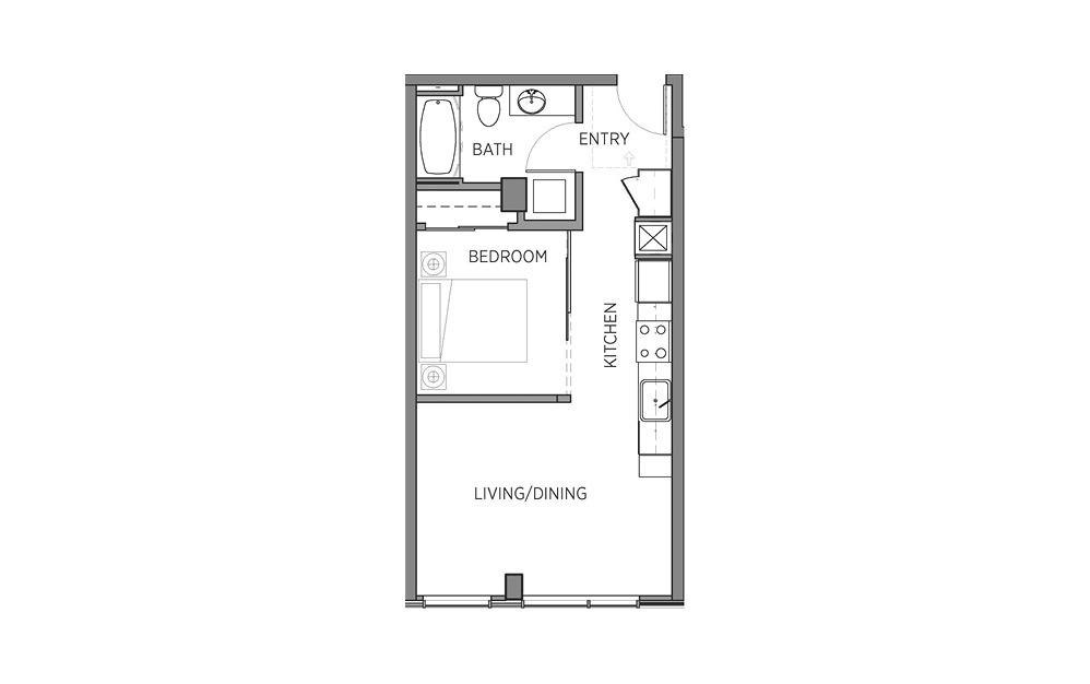 1R - 1 bedroom floorplan layout with 1 bath and 501 to 523 square feet.